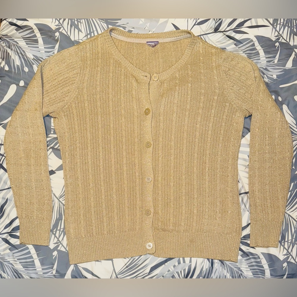 Sparkly gold knit long sleeve cardigan. Large